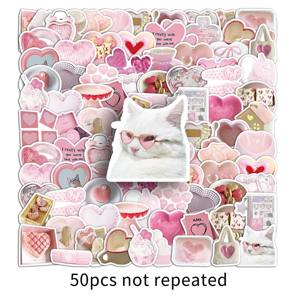 50 Heart-Shaped Ins Style Stickers: Cartoon Fresh Girly Heart for DIY Journaling, Helmets, Water Bottles