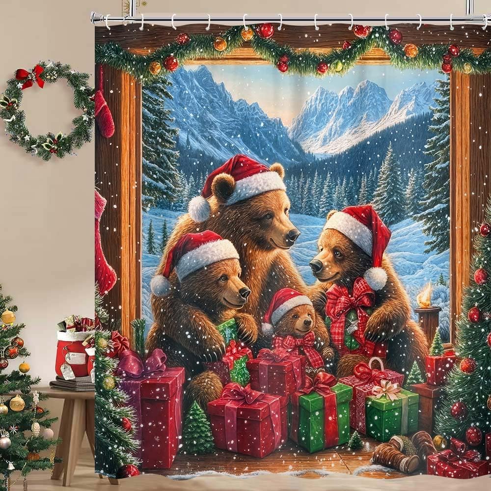 Winter Christmas Farmhouse Shower Curtain, Rustic Window Scene Glitter Xmas Tree Holiday Bathroom Bathtubs Decor, Fabric Shower