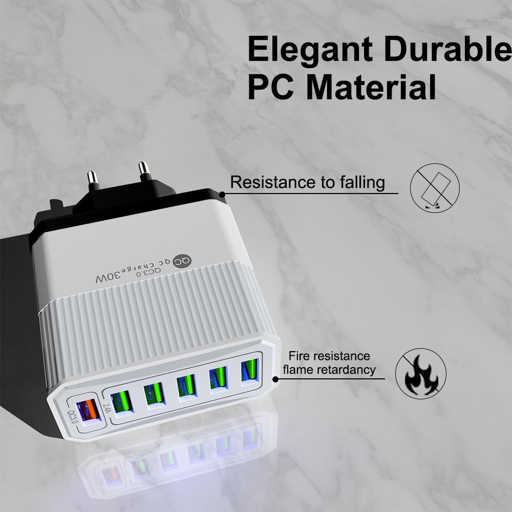QC3.0 30W Six-Port Fast Charger with EU/US/UK/AU Plugs