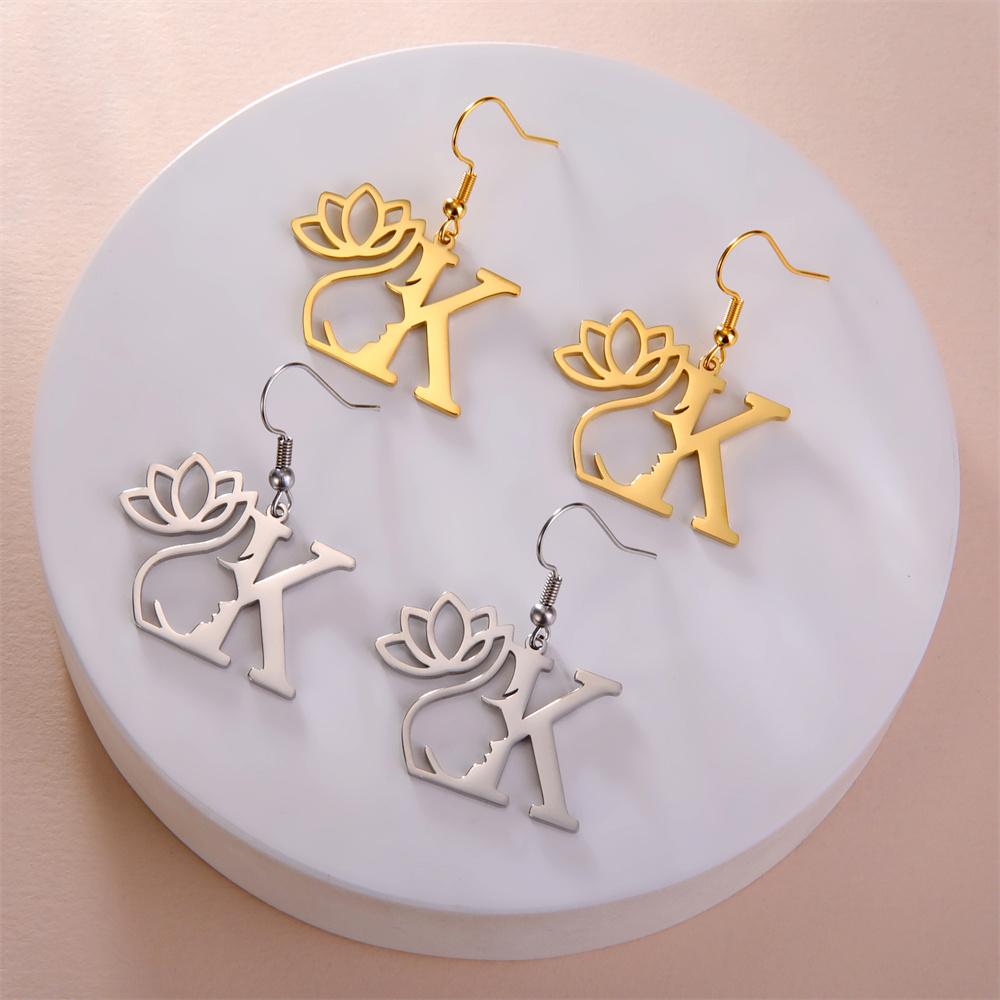 My Shape Beauty Flower Letter Drop Earrings for Women A-Z Alphabet Initials Lotus Stainless Steel Fashion Jewelry Kids Female