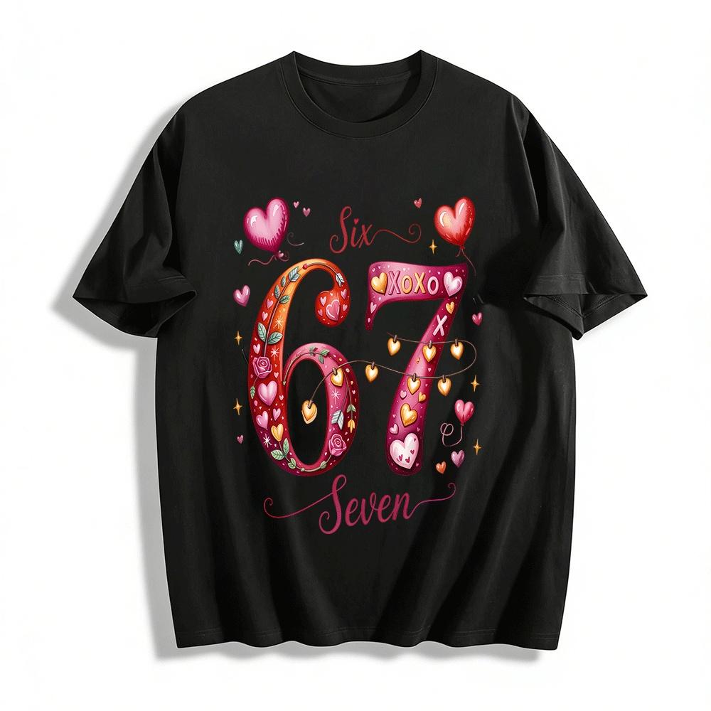 Heart Print Number 67 Couple Style Casual Top Pure cotton T-shirt XXS