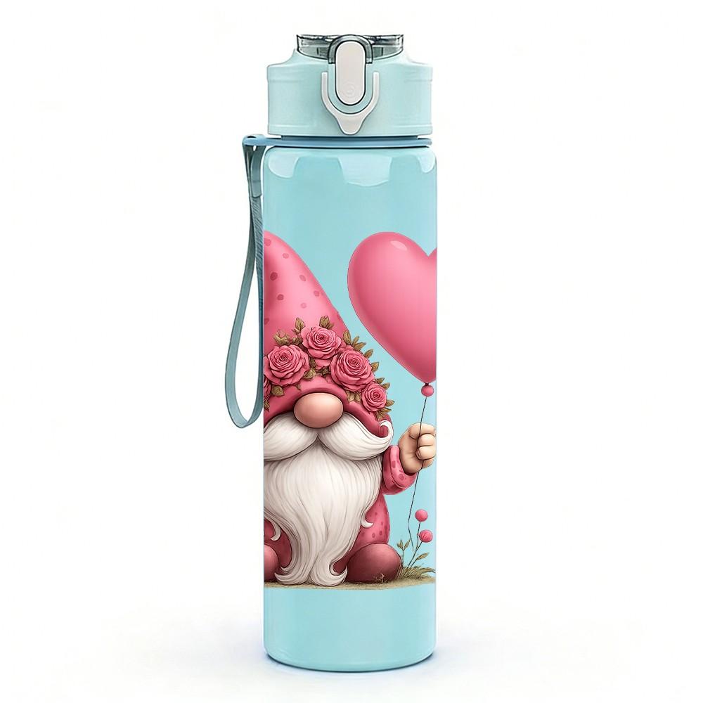 1PC Cute Pink Heart Gnome Pattern 750ml Color Plastic Sports Water Bottle Leakproof Flip Straw Lid Suitable for Sports Office Home Use