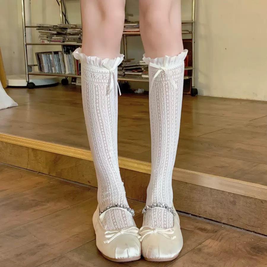 High-value versatile Mori pure desire calf socks ballet style simple two-wear socks hollow lace Lolita stacking socks