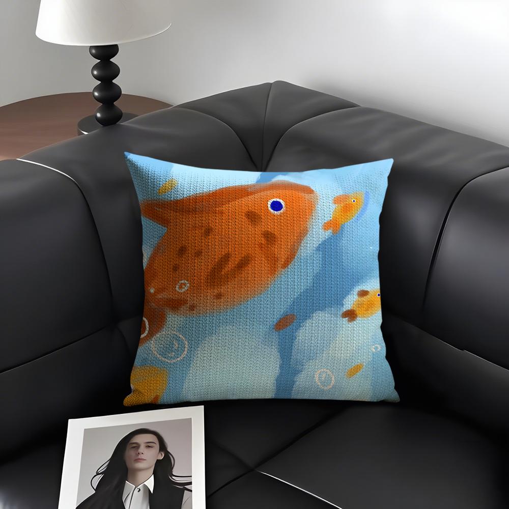 Goldfish Cute Cushion Cover Natural Linen Organic Fabric Double-Sided Printing Sofa Home Decor Gift Pillow Case