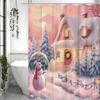 Christmas Pink House Snowman Snow Shower Curtain, Bathroom Decorative Shower Curtain, Waterproof Shower Curtain with Hooks