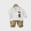Boys' Stylish Two-Piece Autumn Cartoon Sweater Set with Lapel - Solid Color Long-Sleeve Casual Outfit for Kids