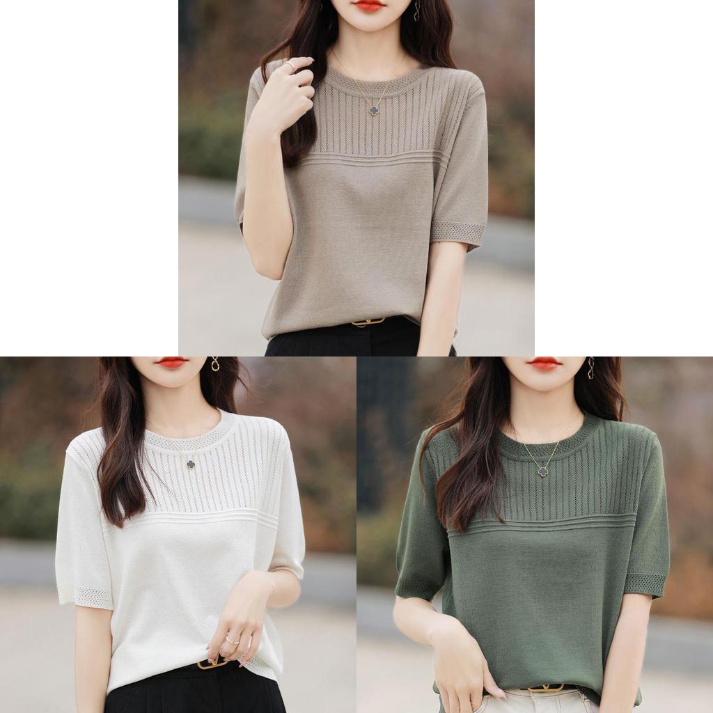 Ice Silk Short Sleeve T Shirt With Knitted Hollow Design For Summer Casual Women