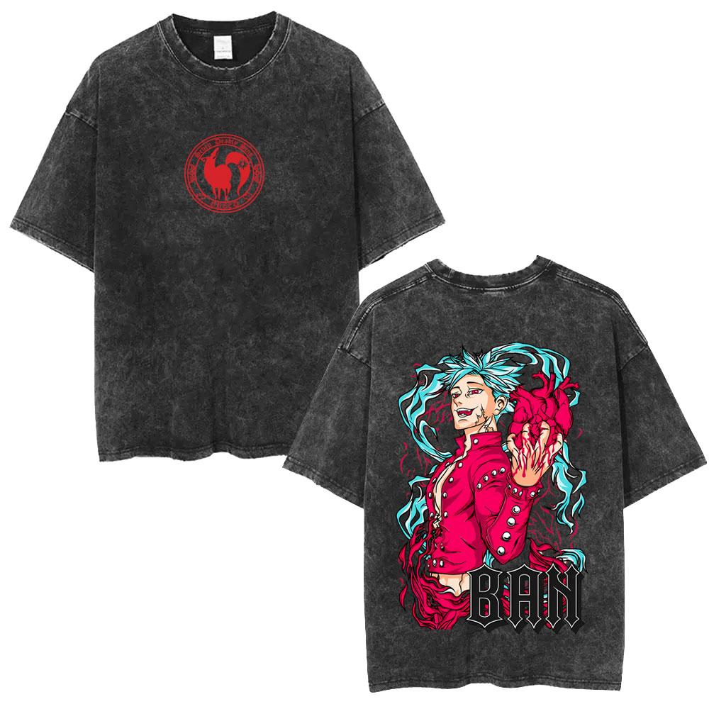 Gewaschenes Vintage Anime The Seven Deadly Sins T-Shirt Fuchs' Sünde der Gier Ban Grafik T-Shirts Herren Damen Manga Oversized T-Shirts