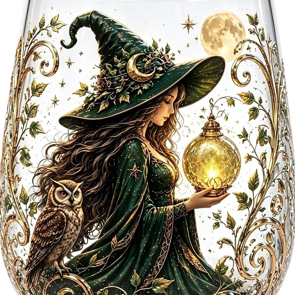 Witch Crystal Ball Stemless Glass Cup Pumpkin Moon Star Occult Fantasy Halloween Cocktail Gift Tumbler