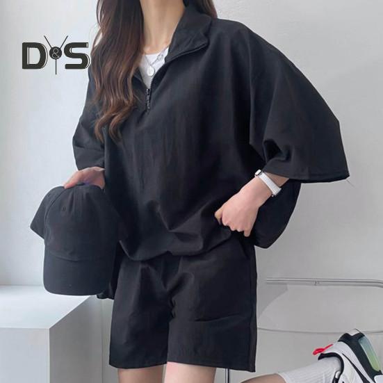 2 Pcs/Set Sweatshirt Shorts Set  Loose Solid Color Lapel Half Sleeves Pockets Elastic Waist Zipper Collar Breathable Smooth Quick Dry Soft Summer