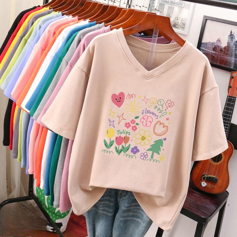 

Футболка з коротким рукавом, Вільного крою, Приталена футболка з V-подібним вирізом з принтом для жінок 5XL абрикосовий