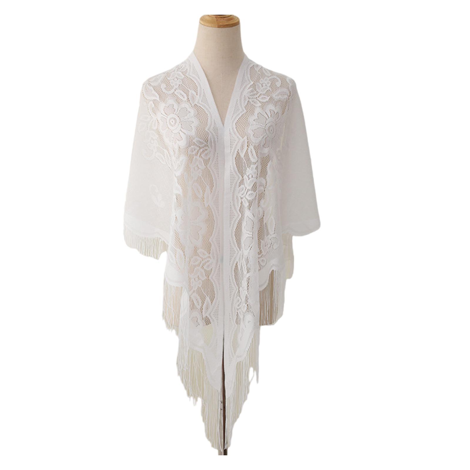 

Stylish Lace Poncho with Fringed Edges Multiuse Shawl for Various Outfit Eye Catching Sunproof Triangle Shoulder Wrap білий