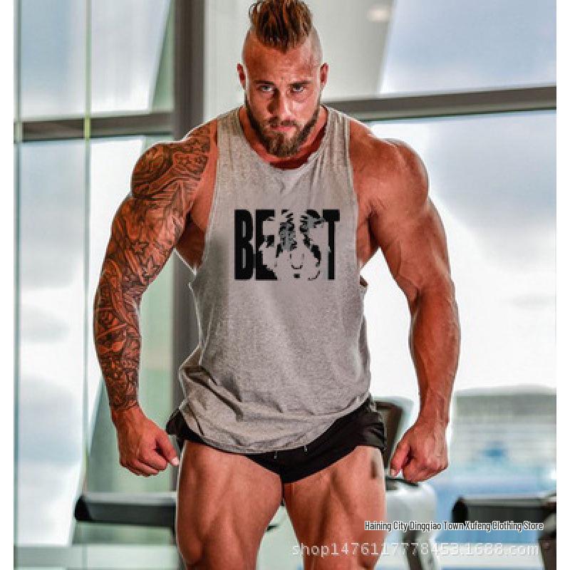Men s Beast Print Cotton Racerback Fitness Tank - European/American Size, Soft, Sweat-Wicking, Breathable Sleeveless Shirt XXL