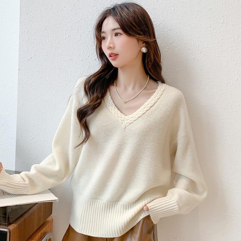 Mockana Women's Relaxed V-Neck Knit Wool Sweater