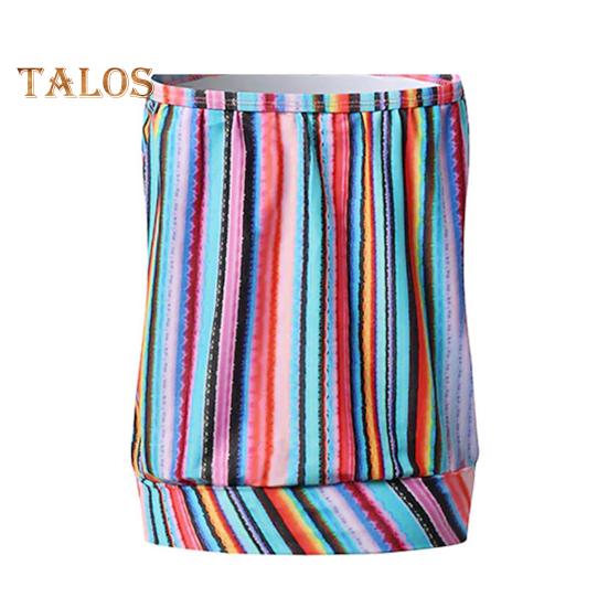 2Pcs/Set Women Swimsuit Set Bandeau Sleeveless Striped Print Swimming Tops High Waist Swimming Trunks Set Beachwear