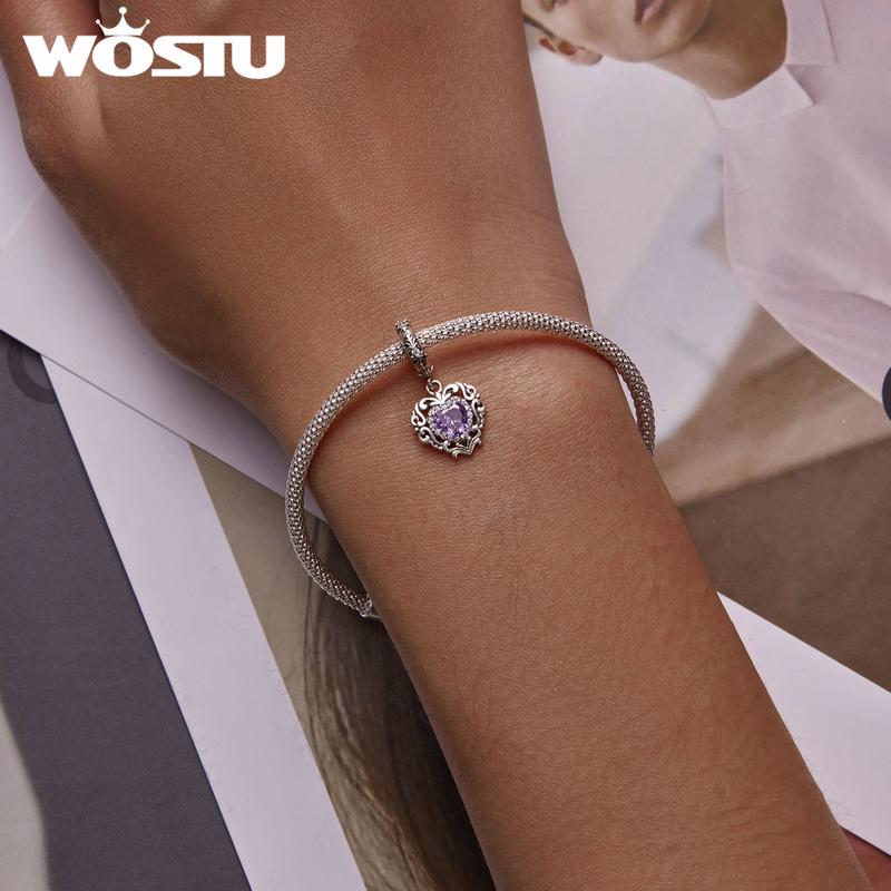 WOSTU 925 Silver Dreamy Purple Heart Charms Safety Chain Space Jewelry Beads Fit Original Bracelet DIY Bangle For Women