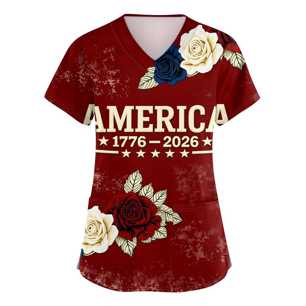 Women's Short-Sleeve Independence Day Print V-Neck Pocket Workwear Top