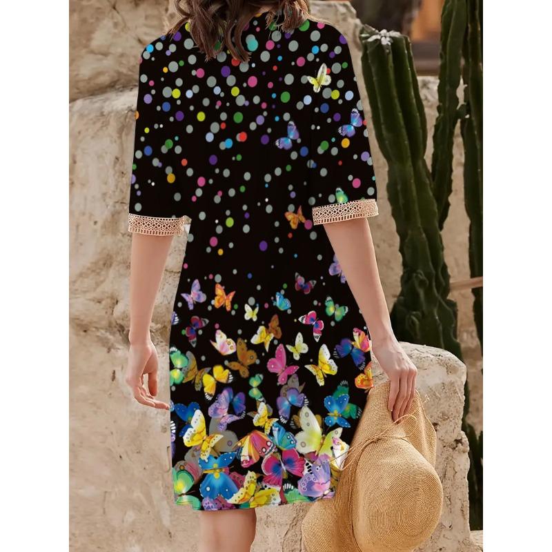 YYFS Women's Fashion Summer Spring Flower Pattern Print 1/2 Sleeves V-Neck Loose Waistline Casual Dresses