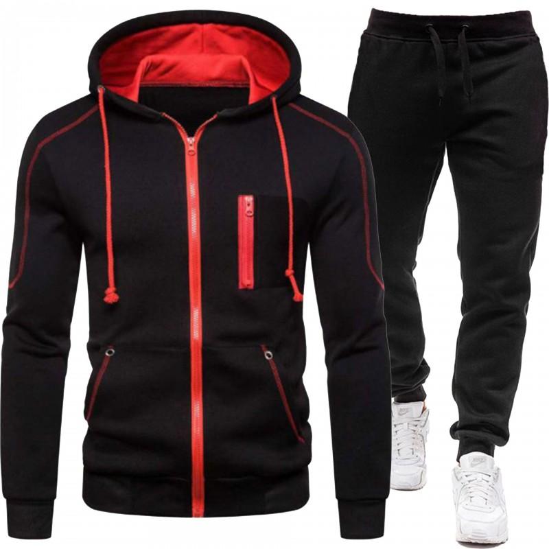 Mens Hooded Sweatshirt Set Casual Two-Piece Outfit Loose Fit Fleece-Lined Winter Sportswear