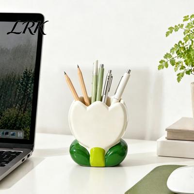 Makeup Brush Holder Tulip Holder, Resin Cosmetic Organizer for Vanity Desk, Cute Flower Pen Aesthetic Desktop Ornament Cup Office Supplies,