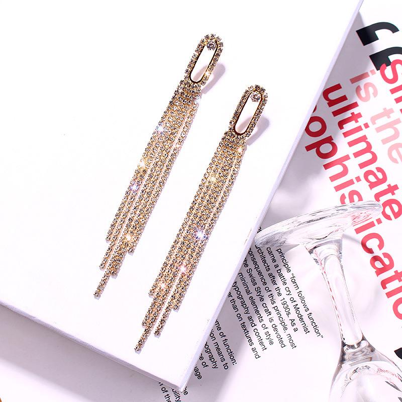 S925 Silver Needle Full Diamond Long Tassel Earrings - European & American Fashion, Exaggerated Celebrity Style Dangle Earrings for Women