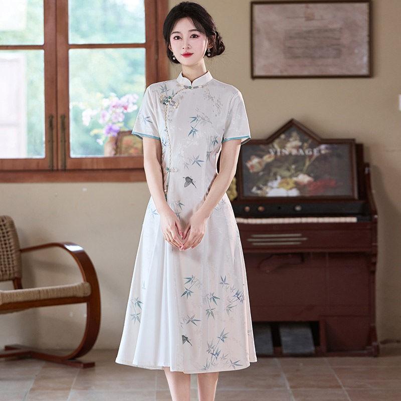 White Modern Chinese-Inspired Dress Women 2026 Lightweight Stand Collar Midi With Floral Jacquard Rolled Hem Small