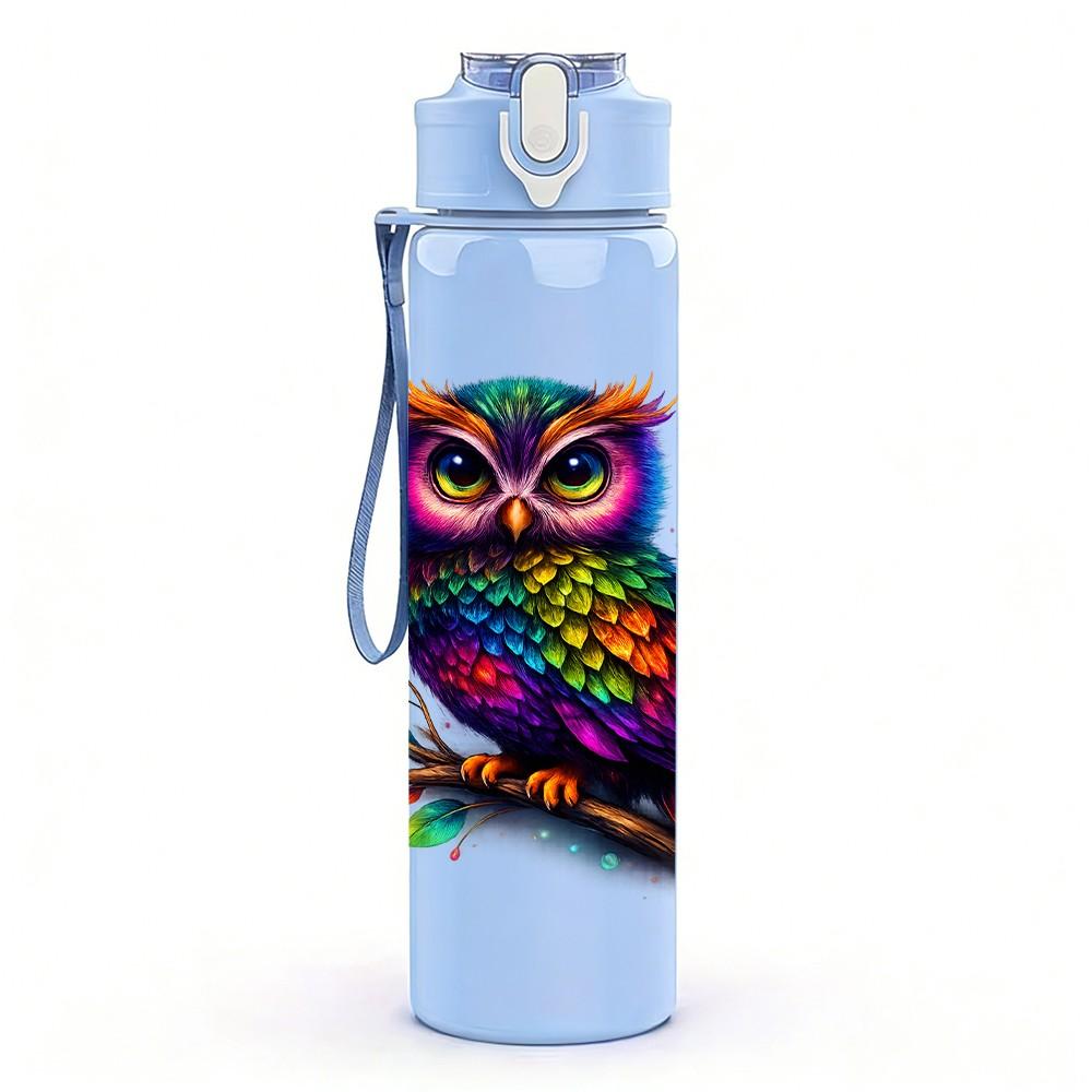 1PC Colorful Owl Bird Art Portrait Print 750ml Color Plastic Sports Water Bottle Leakproof Flip Straw Lid Suitable for Sports Office Home Use