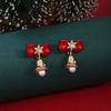 Christmas Diamond-Encrusted Snowflake Bell Pearl Stud Earrings, Light Luxury Design Red Bow New Year'S Earrings