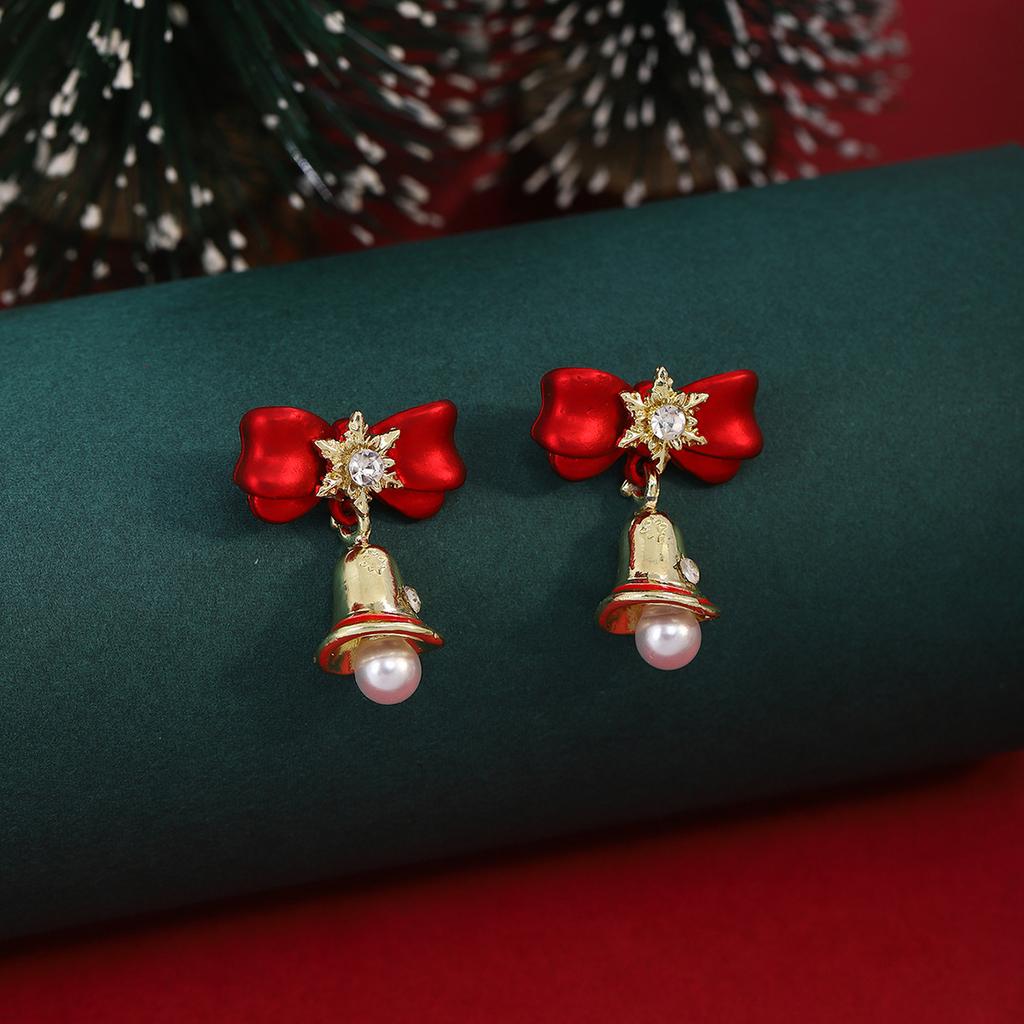 Christmas Diamond-Encrusted Snowflake Bell Pearl Stud Earrings, Light Luxury Design Red Bow New Year'S Earrings