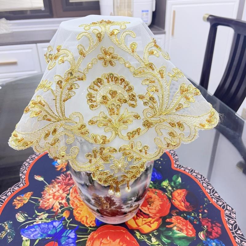 European hand beaded embroidered square gold tablecloth table mat set birthday party holiday living room bedroom decoration