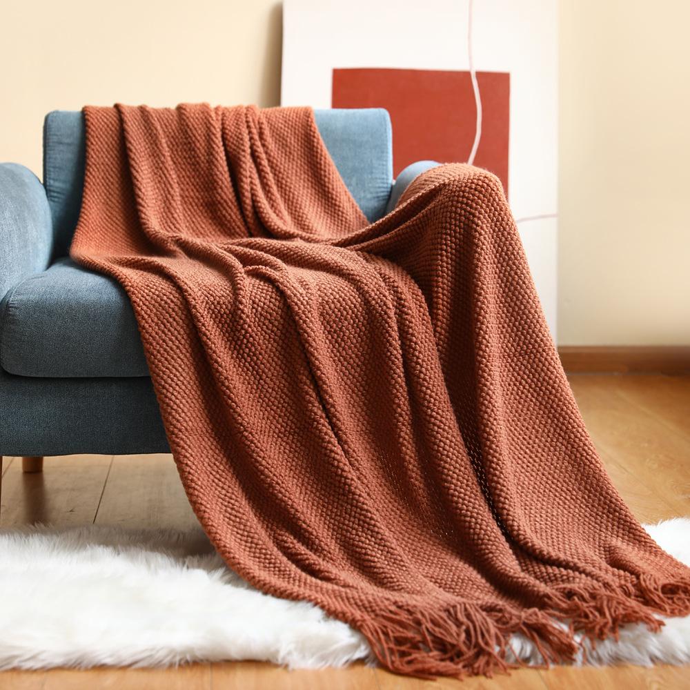 Nordic-style sofa throw blanket, office nap blanket, fringed knitted wool casual air conditioning thin blanket