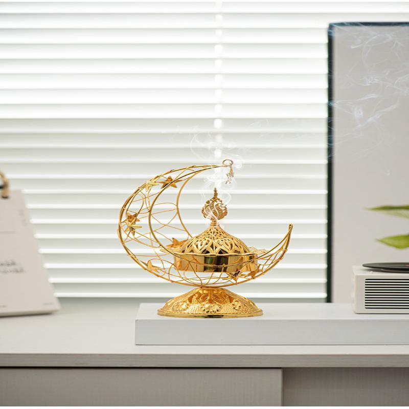 Moon-Shaped Metal Incense Burner Handheld Home Living Room Desktop Decor Ornament Stylish Aromatherapy Burner
