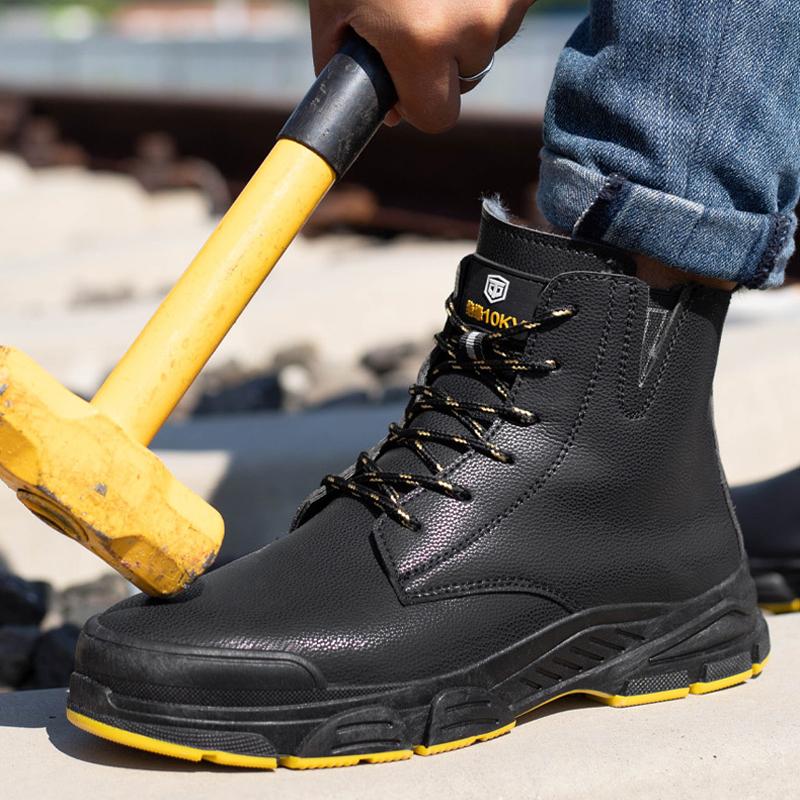 Stivali in pelle impermeabili da uomo Scarpe antinfortunistiche da uomo Caldi con pelliccia Stivali invernali Scarpe di sicurezza Stivali da lavoro a prova di perforazione Scarpe protettive