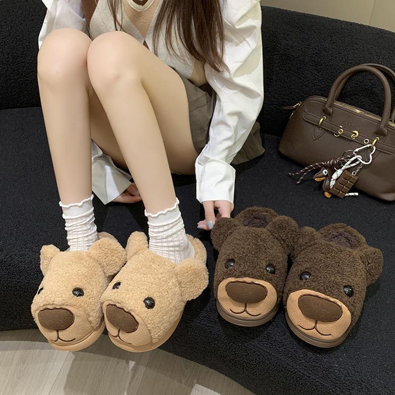 Cute Cartoon Puppy Fluffy Slippers Women's New Soft Plush Outer Wear In Autumn and Winter 2025 Anti-skid Shit Feeling