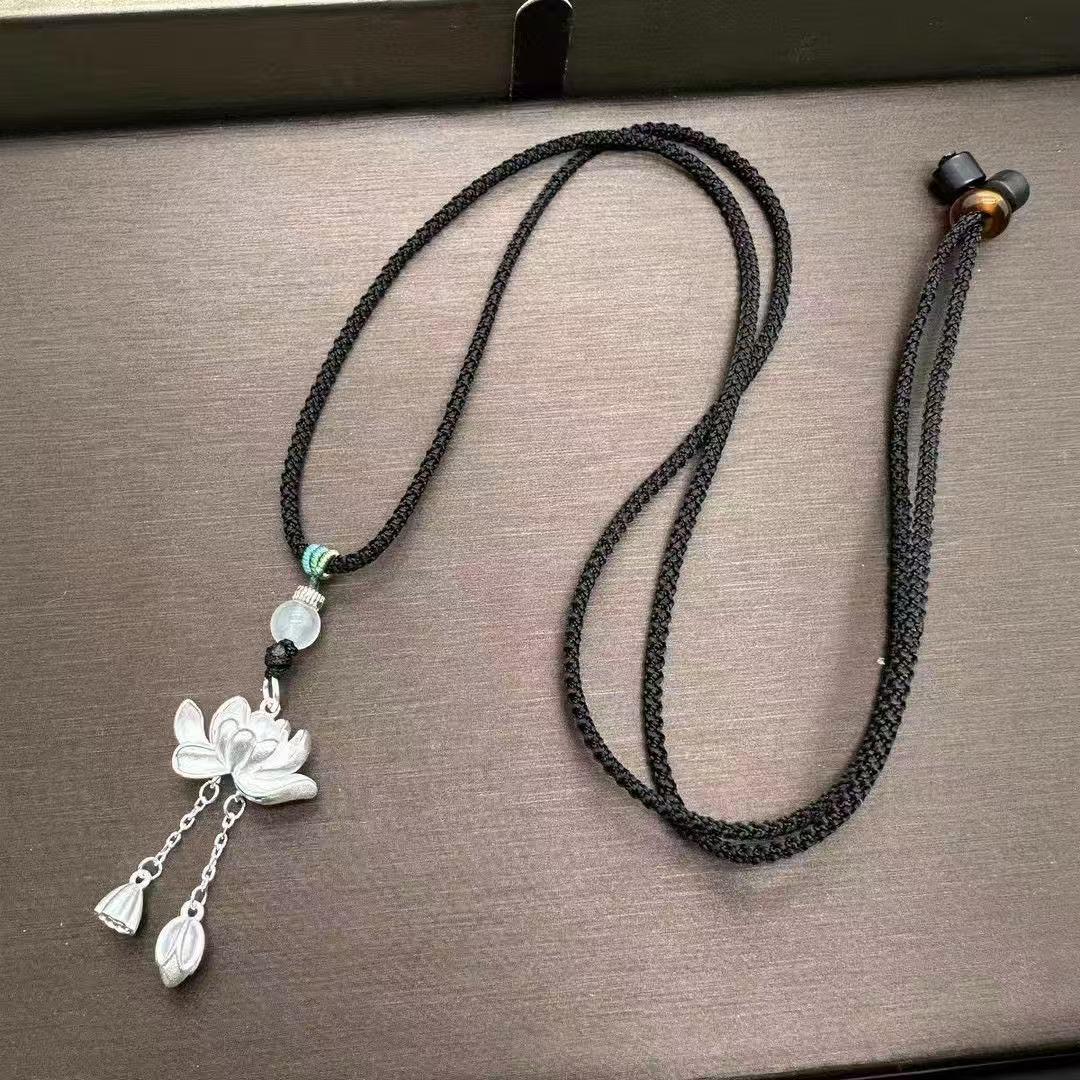 Серебряный кулон-сережка лотоса на цепочке для свитера с черным шнуром