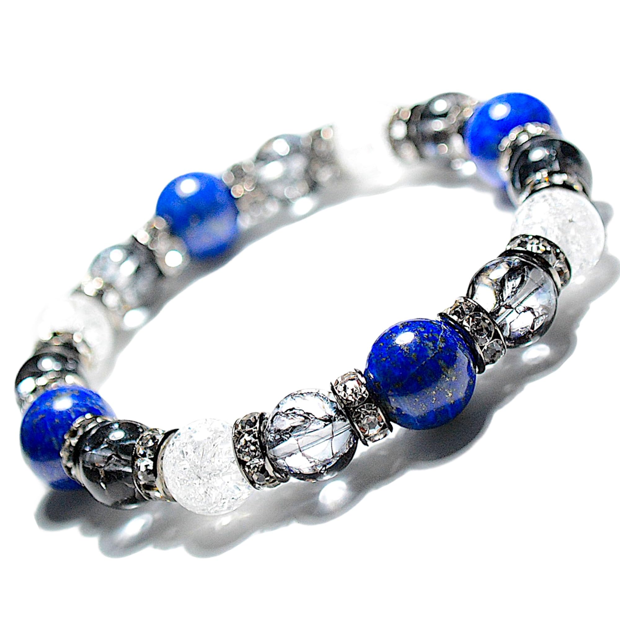 

Браслет з натурального каменю, браслет з енергетичного каміння, лазурит, потрісканий кристал, чорний потрісканий кристал, удача, поставляється з фірмовим логотипом на мішечку для носіння [BLESSING M style]