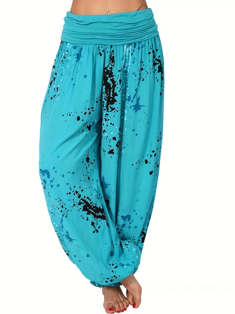 Women Casual Boho Print Pants Wide Leg Pants Loose Pocket Button Pants