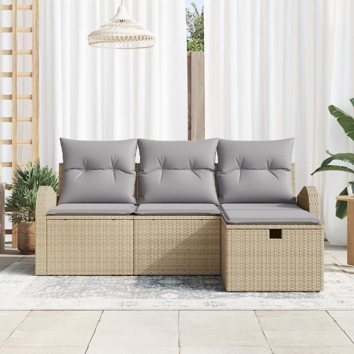 VidaXL Ensemble de Canapé de Jardin 4 Pièces avec Coussins Beige Rattan Poly 3359049