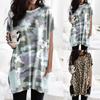 Fashion Womens Prints Splicing Pockets Long Version Casual Short Sleeves Top