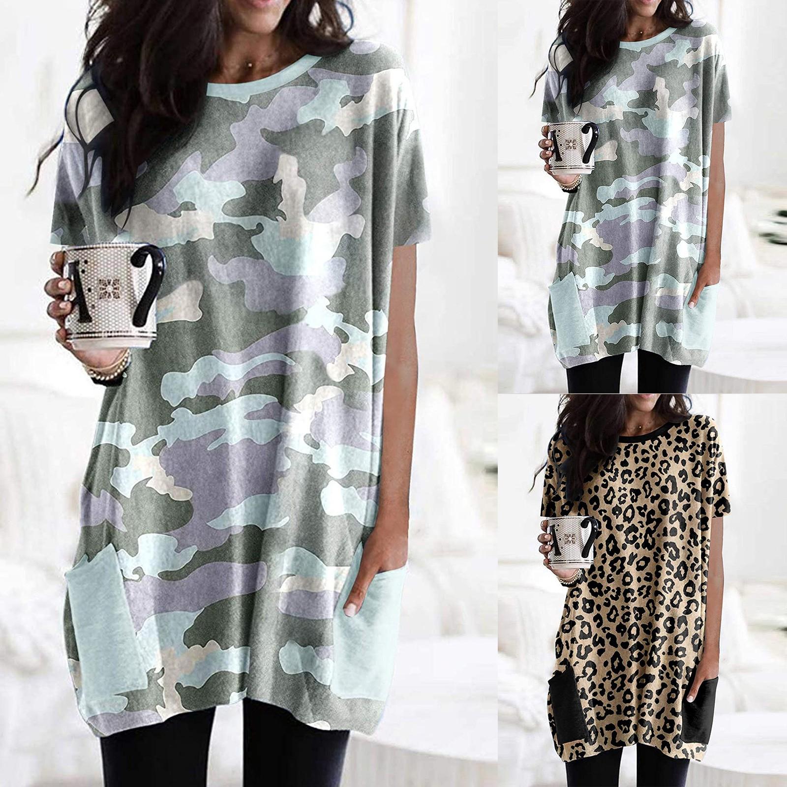 

Модные женские принты с карманами, длинная версия, повседневный топ с короткими рукавами