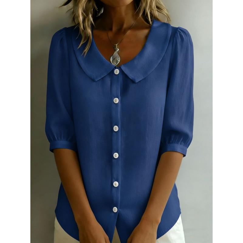 Camicia Casual da Donna a Maniche Lunghe, Colore Unito, Collo a Bambola, Bottoni