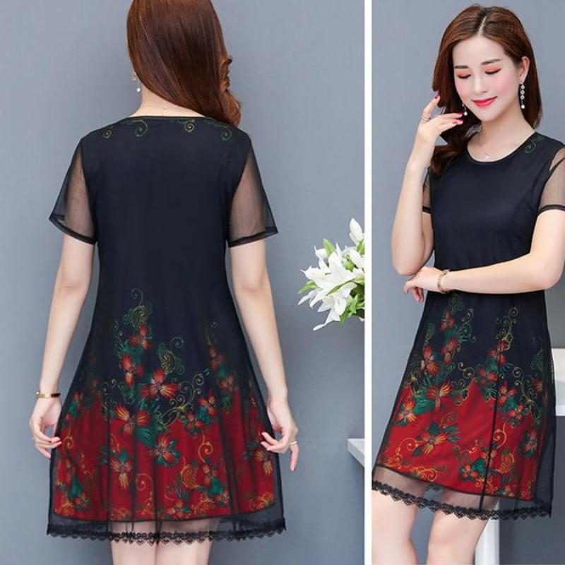 Mid-length Plus Size Printed Over-the-knee Dress Round Thin Chiffon Neck Short Sleeve Mom A-line Skirt