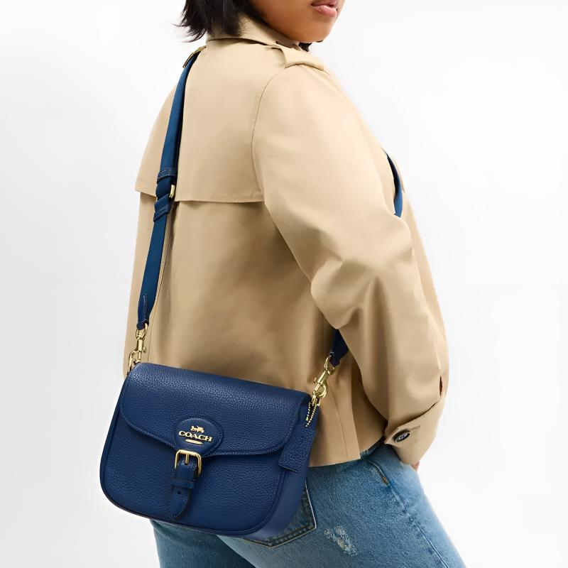 Coach Amelia 23 Gold Accessories Pebble Leather Saddle Bag Women Shoulder Bag Blue CP107-IMSMU