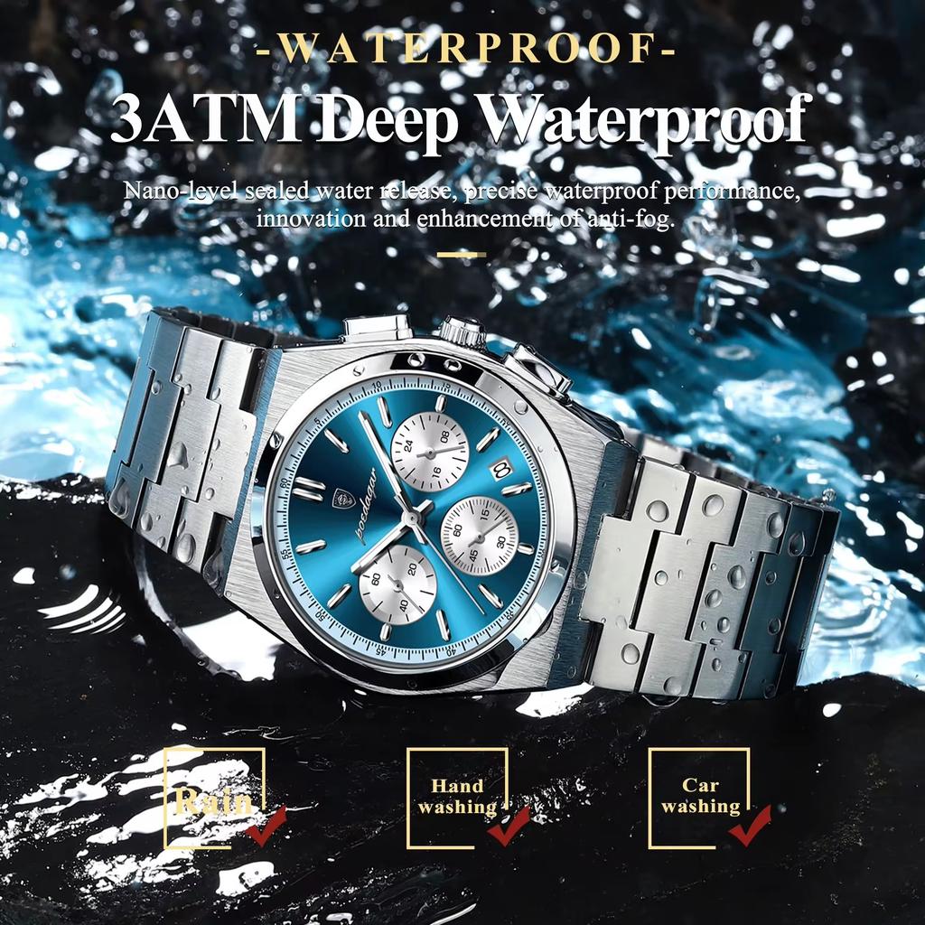 POEDAGAR 970 Fashion Date Quartz Watch Waterproof Luminous Hands Chronograph Reloj Stainless Steel Leather Business Wristwatch