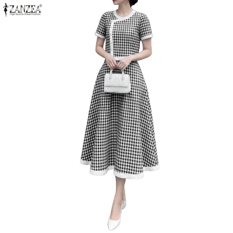 ZANZEA Women Plaid Print Casual Round Neck Short Sleeve Dress