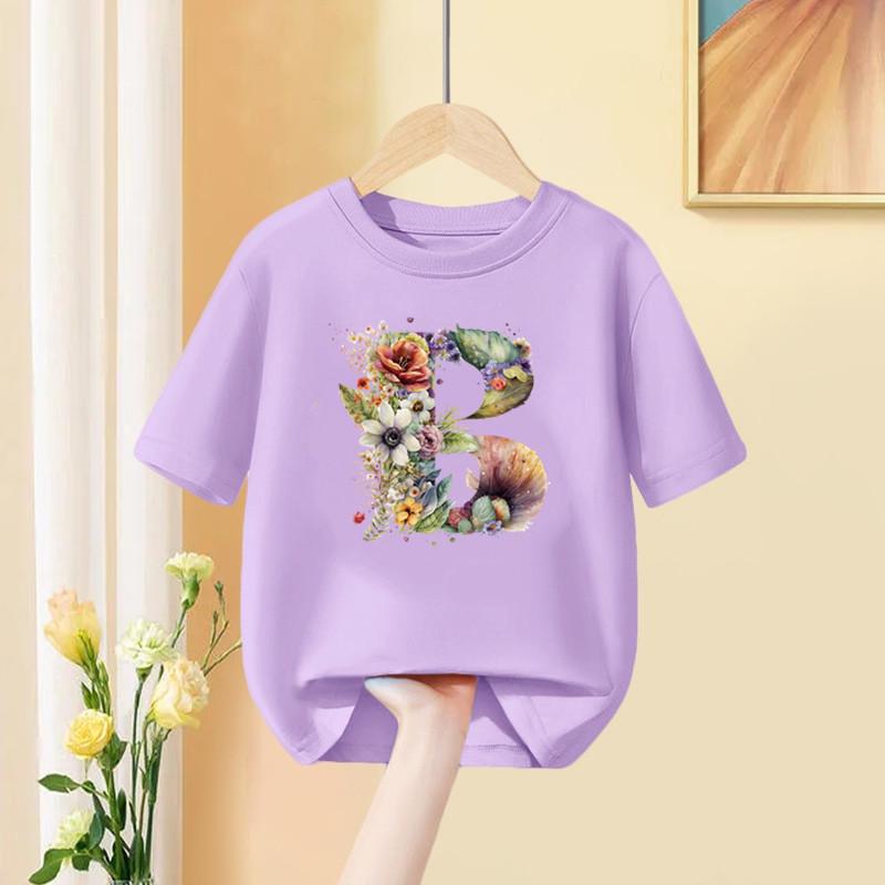 

Девочки Футболка 26 Английских букв A B C D Детская мода Цветочная футболка Детская Имя на заказ Буква Летняя Фиолетовая одежда 3T(100cm)