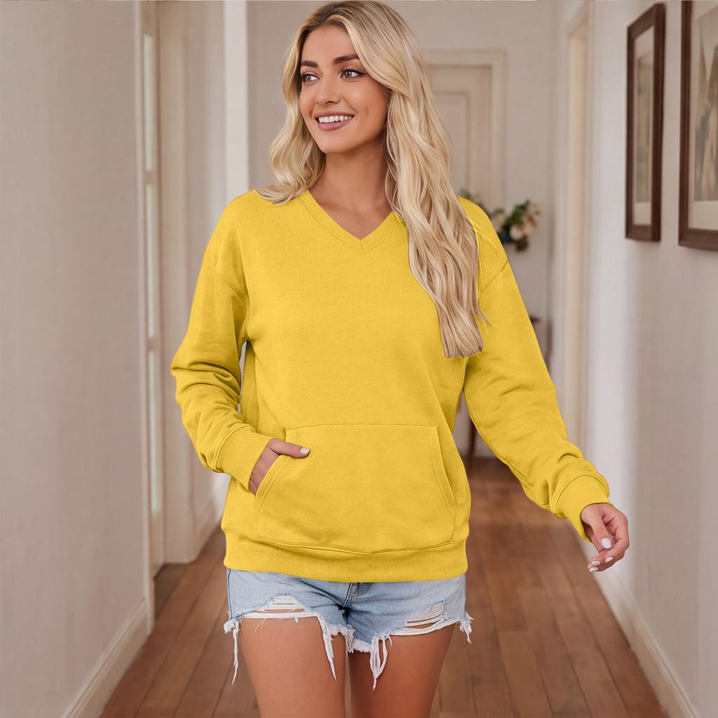 Women's V-Neck Long Sleeve Pullover Sweatshirt with Pocket, Color, Loose Fit for Casual Daily Wear