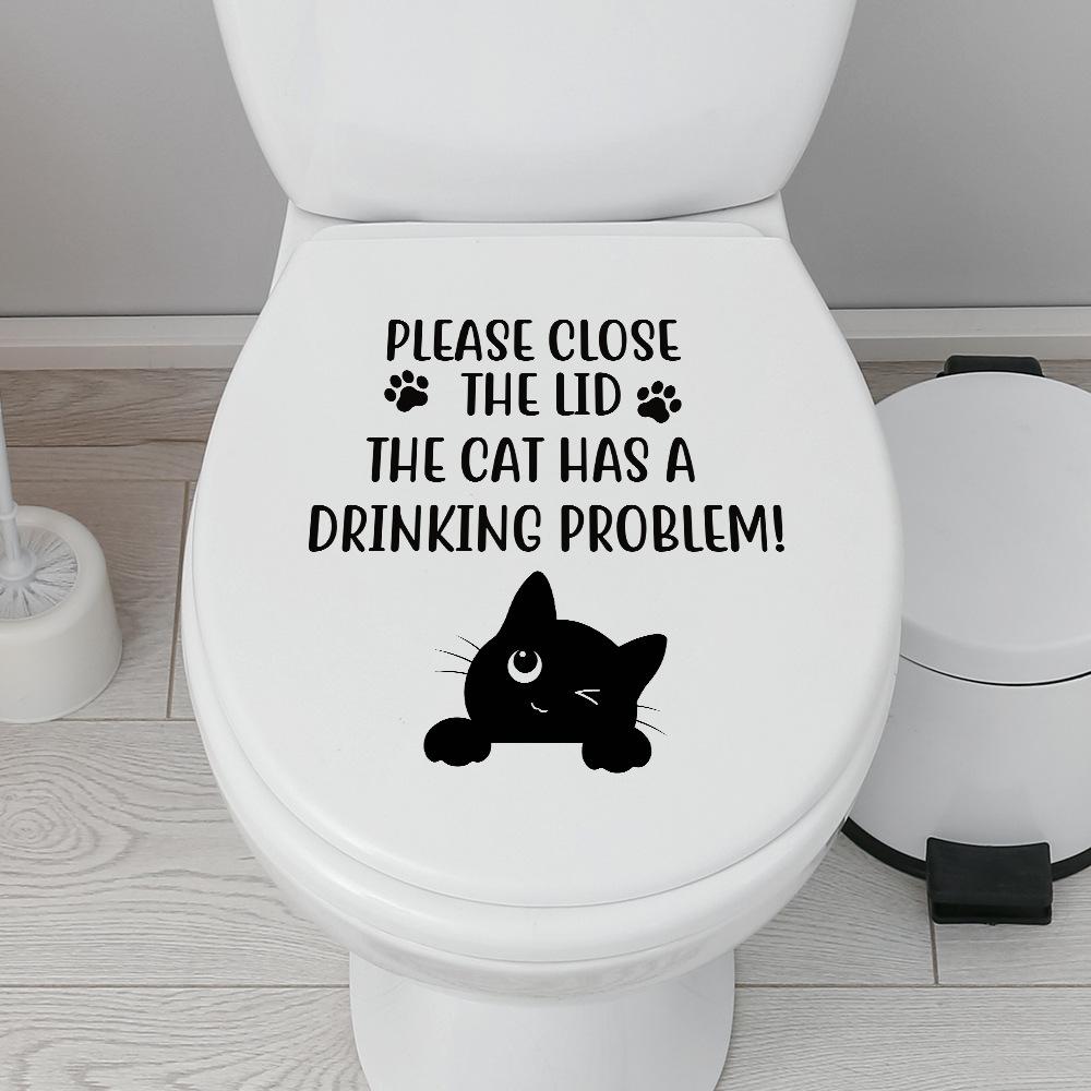 Schwarze Englische Zitate Katze Wandaufkleber Wasserdicht Abnehmbar Selbstklebend Toilettenaufkleber für Badezimmer Heimdekoration