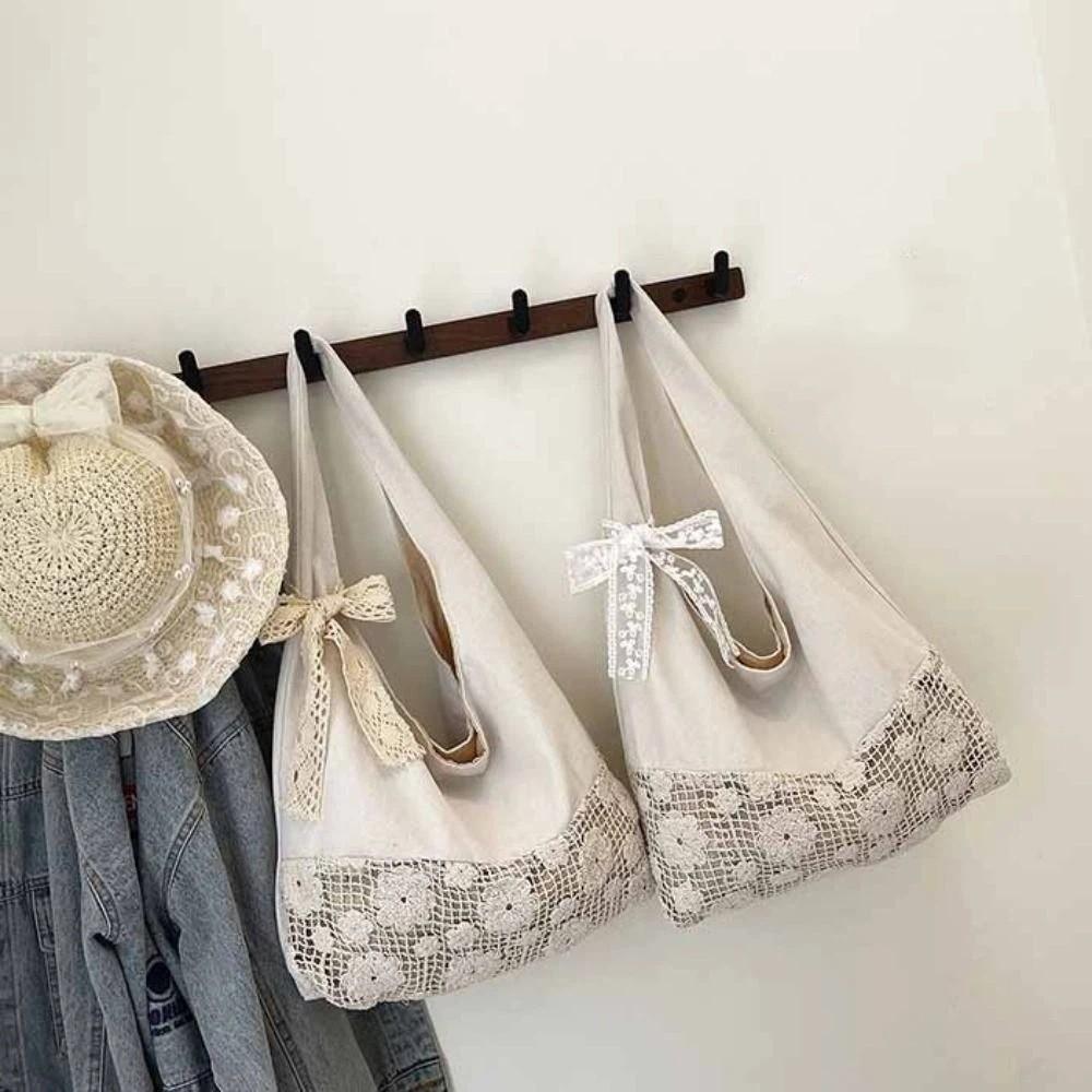 with Lace Ribbon Flower Beach Bag Hollow Out Hollow Shoulder Bag Solid Color Woven Bag  Streetwear
