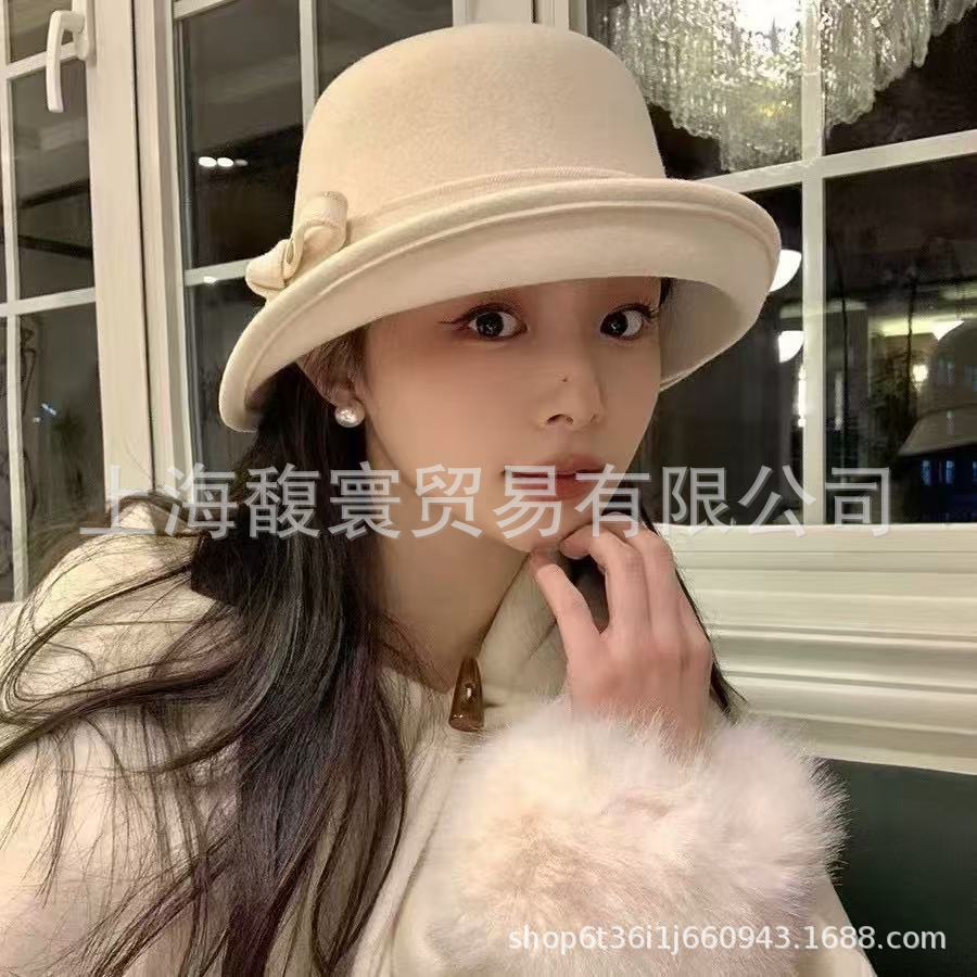 % Pure wool French Hepburn style fisherman's hat children autumn and winter warped edge decorative bow basin hat foreign style top hat